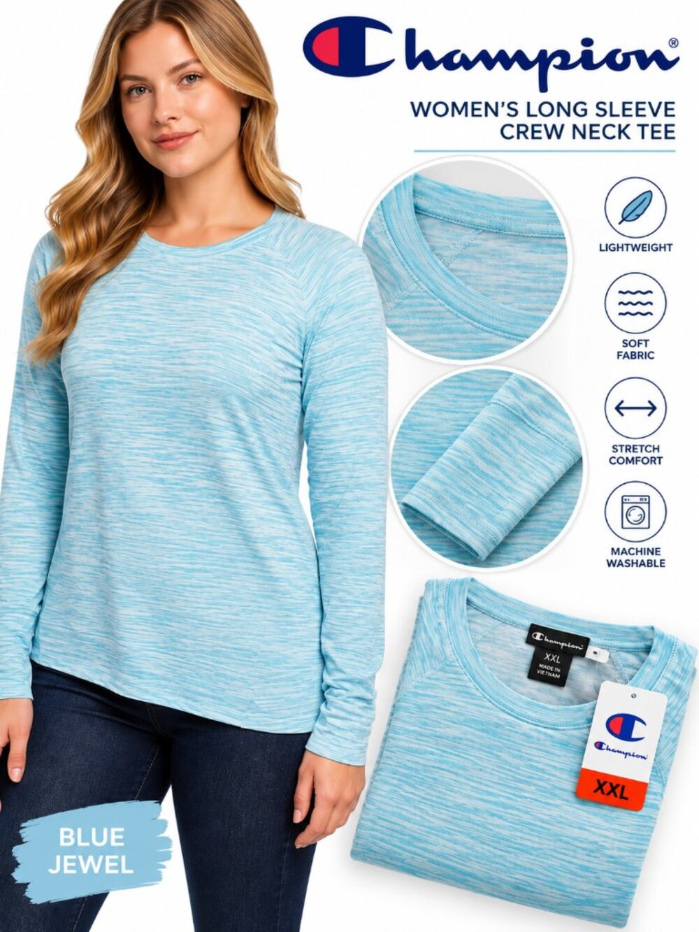 Champion Women’s Blue Jewel Long Sleeve Crew Neck Top XXL NWT